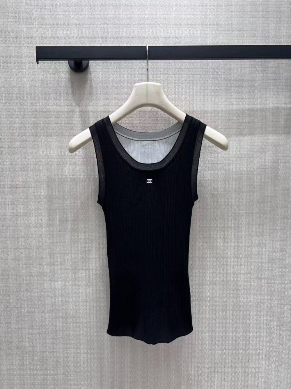 Chanel Black Ribbed Tank Top Interlocking CC Logo